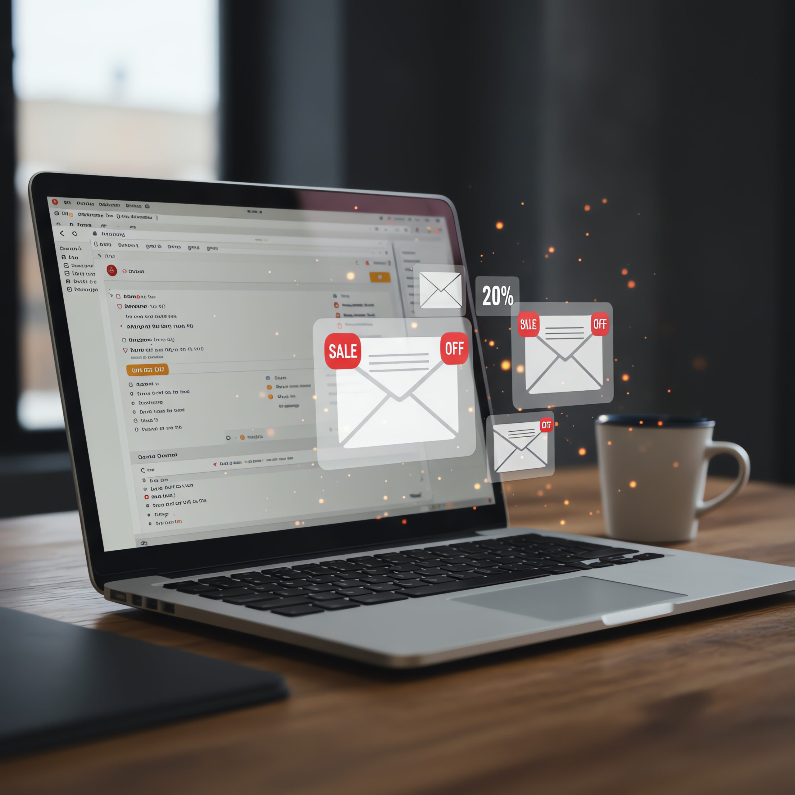 Laptop displaying promotional emails on desk