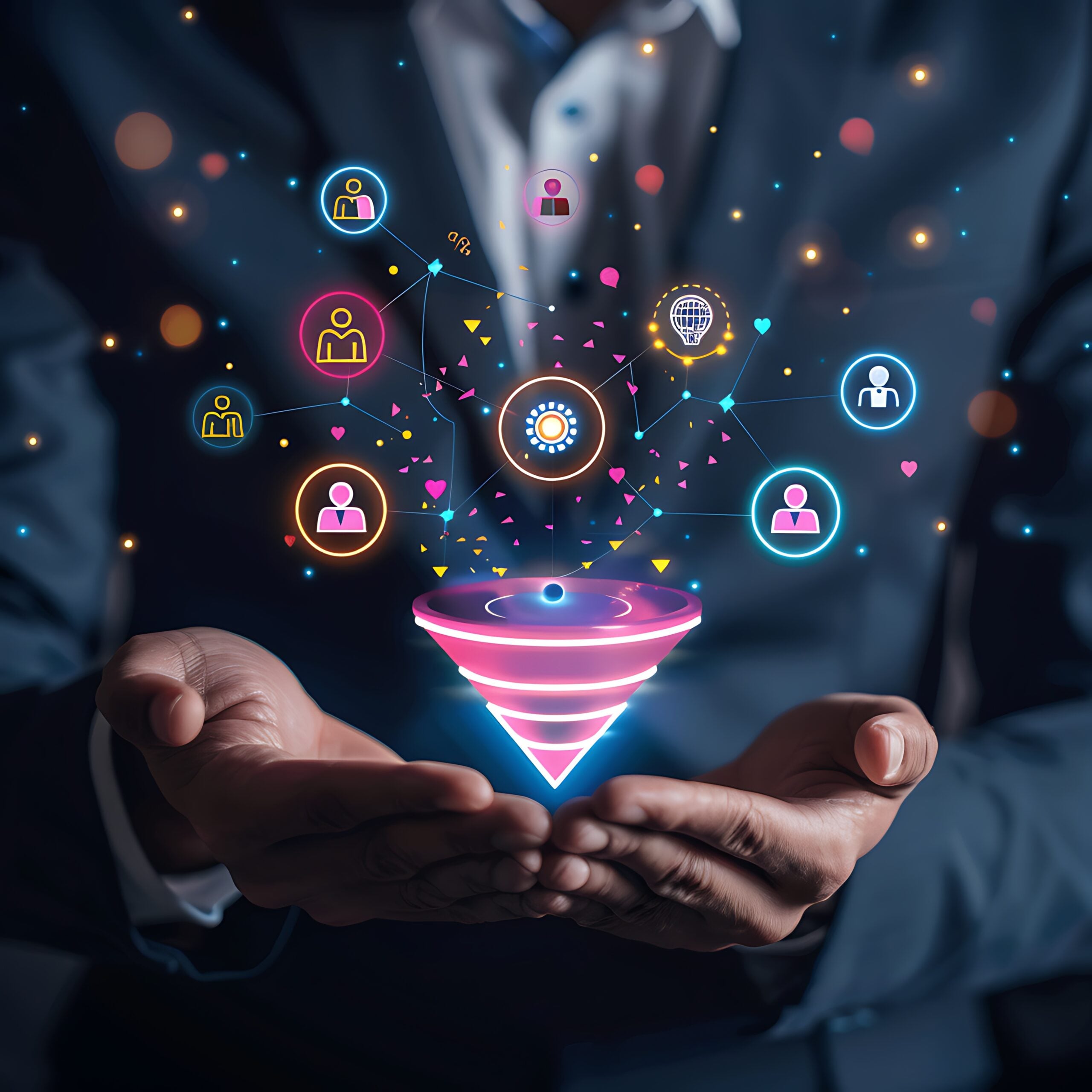 A man in a suit holding a funnel with icons coming out of it.