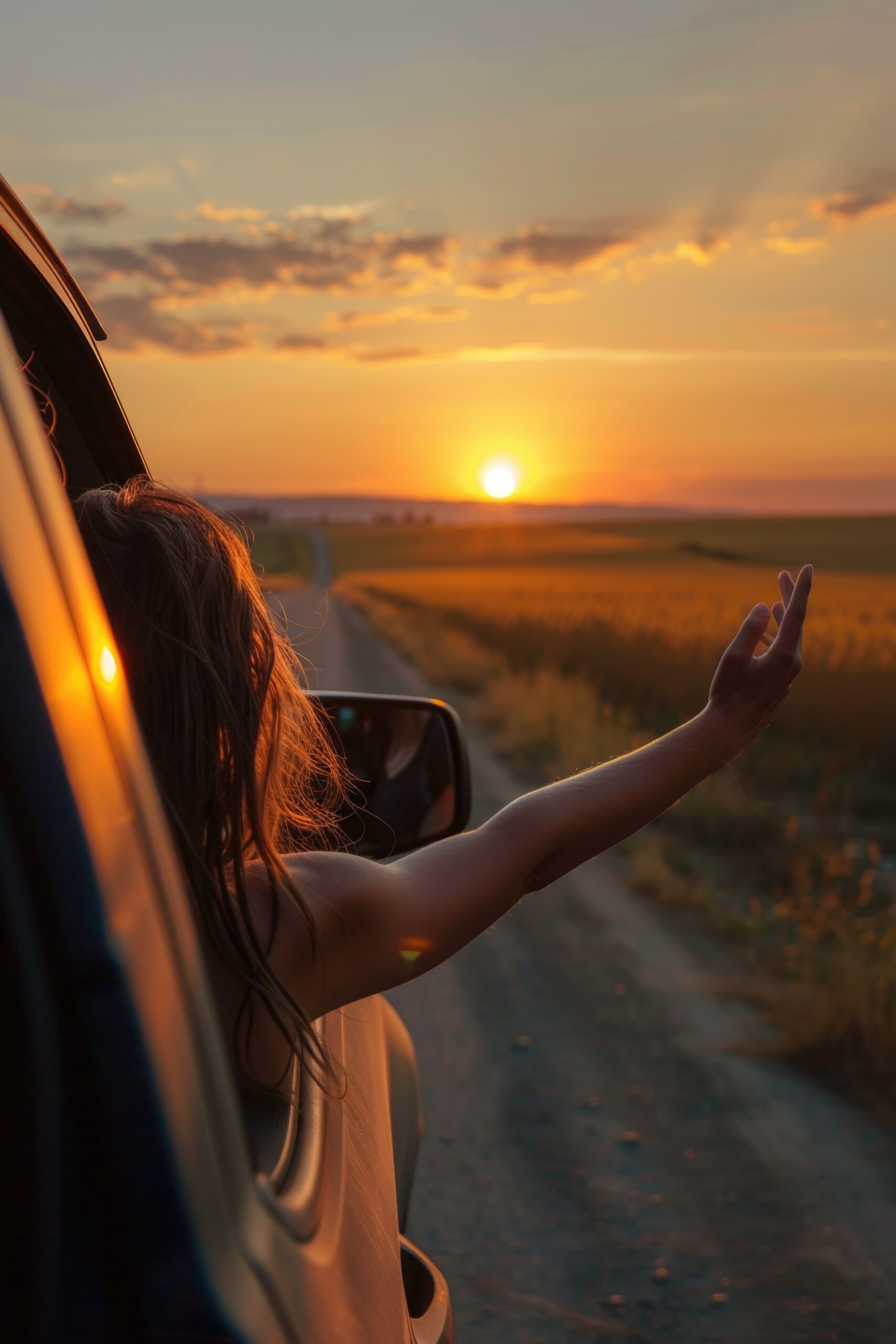 A woman is driving down a road with the sun setting in the background