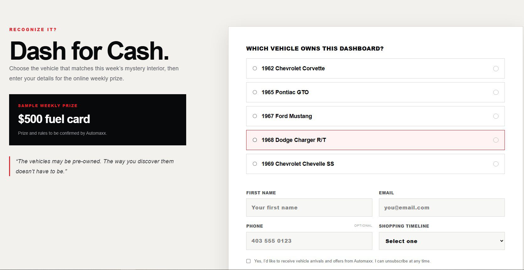 Dash for Cash vehicle guess and entry form